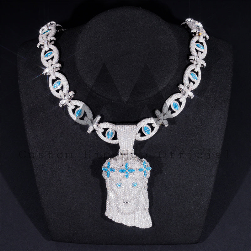 Fully Iced Out 925 Sterling Silver Men Jewelry Aquamarine Blue Moissanite Jesus With Evil Eye Chain Set