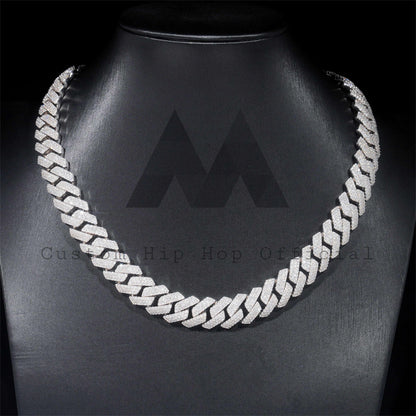 Sterling Silver White Gold Men Iced Out 14MM Three Rows Cuban Link Moissanite Hip Hop Jewelry