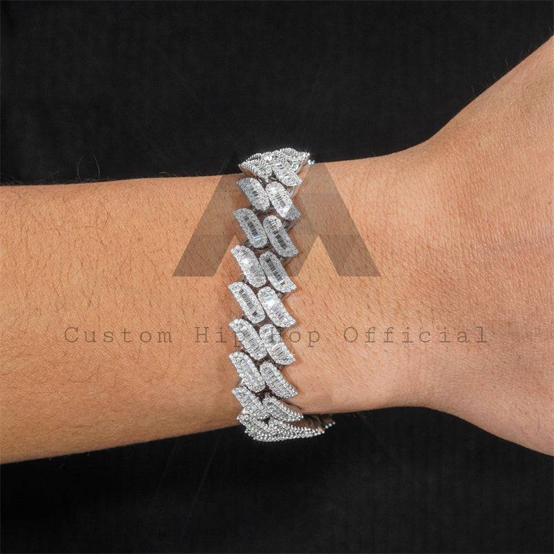 Solid Silver Iced Out 15MM Baguette Diamond Moissanite Spike Cuban Link Bracelet Hip Hop Jewelry0