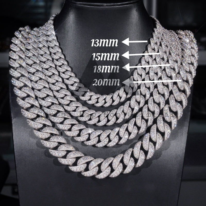 925 Silver 13MM 15MM 18MM 20MM VVS Moissanite Diamond Bezel Setting Cuban Link Chain Necklace