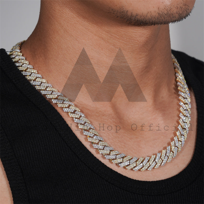 12MM Yellow Gold Mix White Gold Tow Tone Cuban Chain VVS Moissanite Diamond 925 Silver