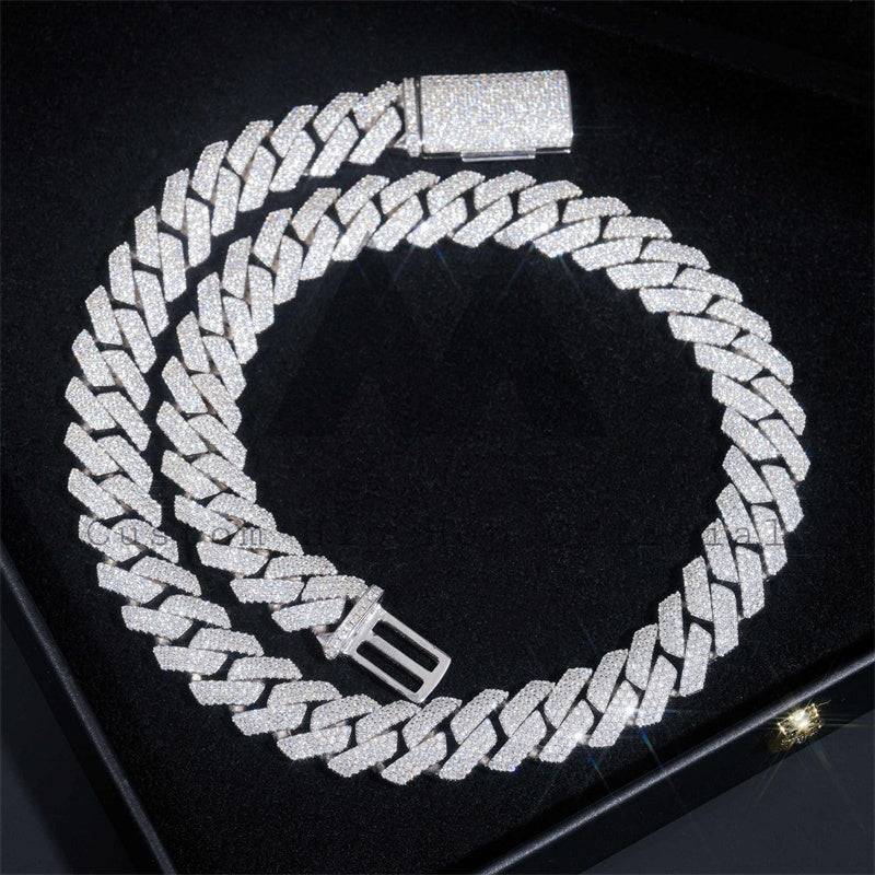 Sterling Silver White Gold Men Iced Out 14MM Three Rows Cuban Link Moissanite Hip Hop Jewelry3