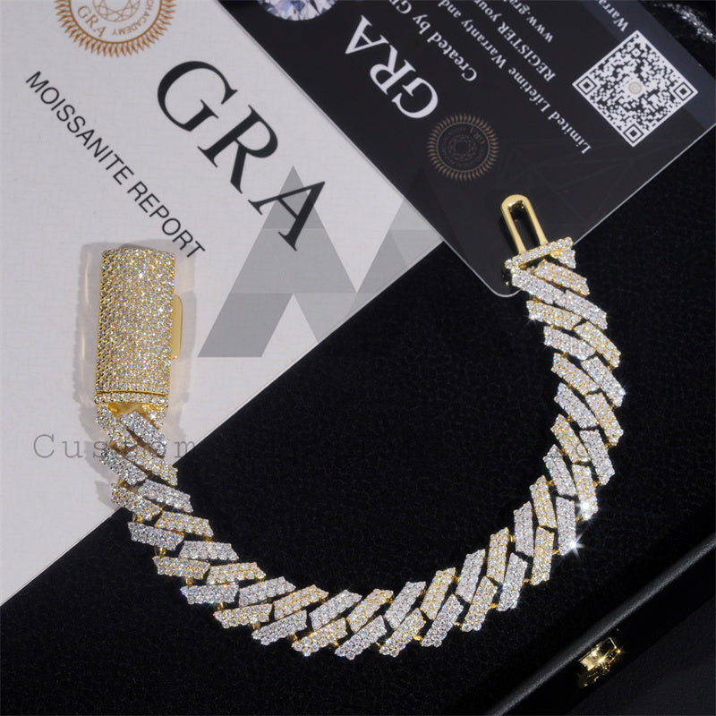 12MM Yellow Gold Mix White Gold Tow Tone Cuban Chain VVS Moissanite Diamond 925 Silver