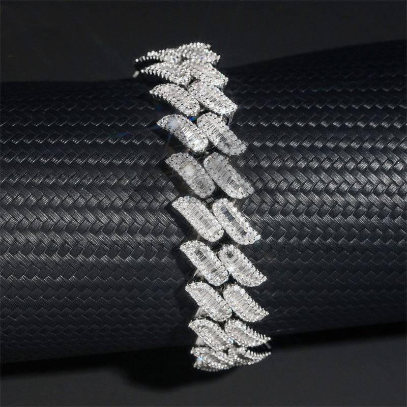 Solid Silver Iced Out 15MM Baguette Diamond Moissanite Spike Cuban Link Bracelet Hip Hop Jewelry3