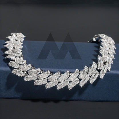 Solid Silver Iced Out 15MM Baguette Diamond Style Moissanite Spike Cuban Link Bracelet Hip Hop Jewelry