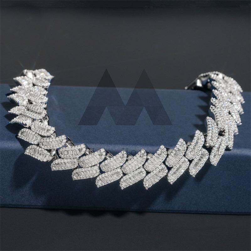 Solid Silver Iced Out 15MM Baguette Diamond Moissanite Spike Cuban Link Bracelet Hip Hop Jewelry4