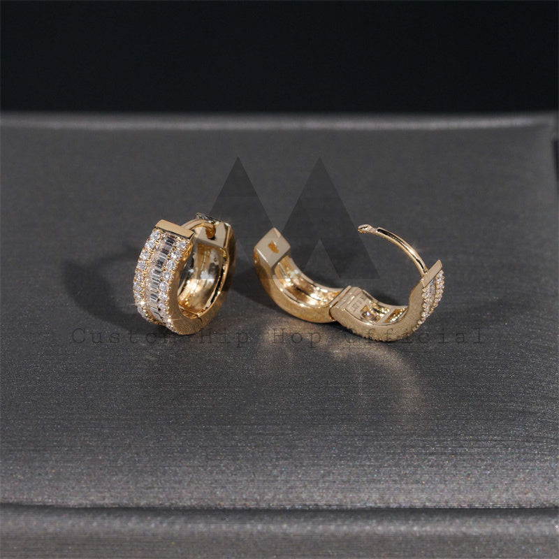 10k Yellow Gold VVS Moissanite Baguette Design Hoop Earrings For Men And Women