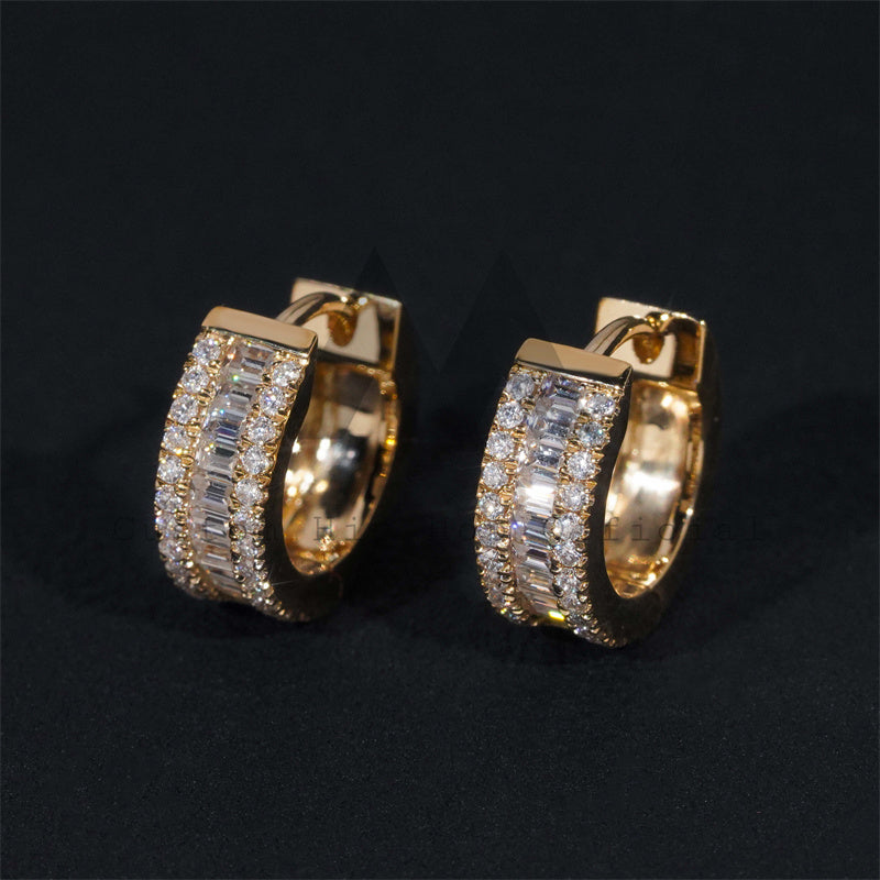 10k Yellow Gold VVS Moissanite Baguette Design Hoop Earrings For Men And Women