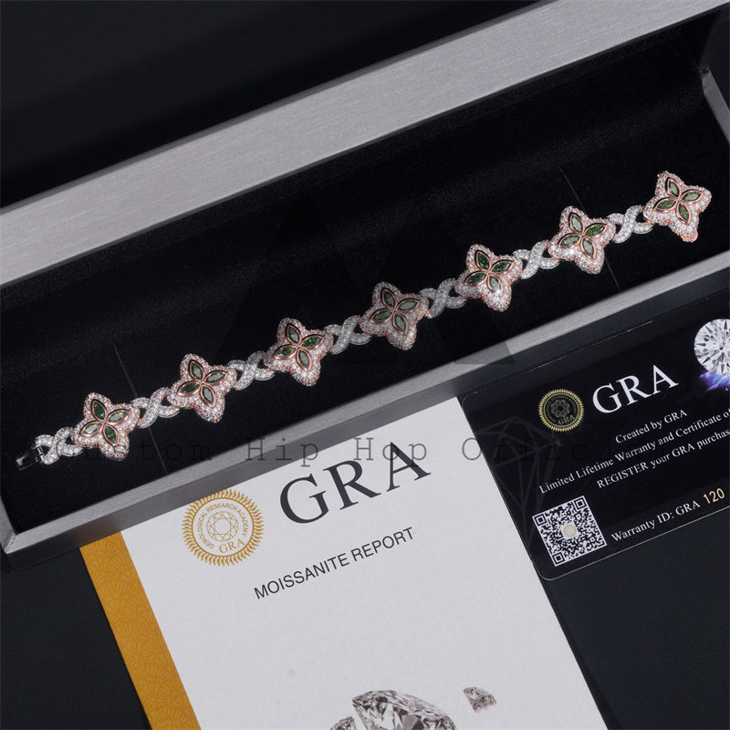 925 Sterling Silver Invisible Lock Iced Out Moissanite Clover Infinity Link Bracelet 18MM Width