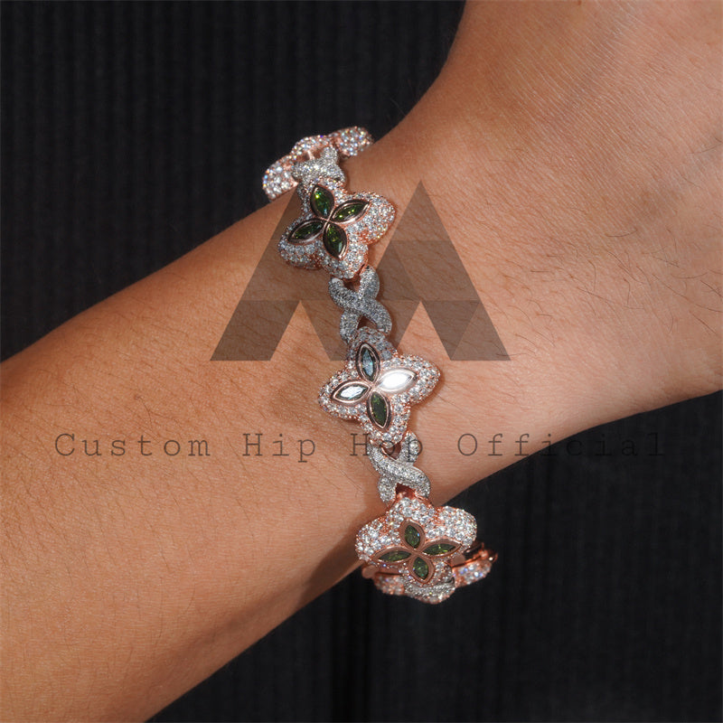 925 Sterling Silver Invisible Lock Iced Out Moissanite Clover Infinity Link Bracelet 18MM Width