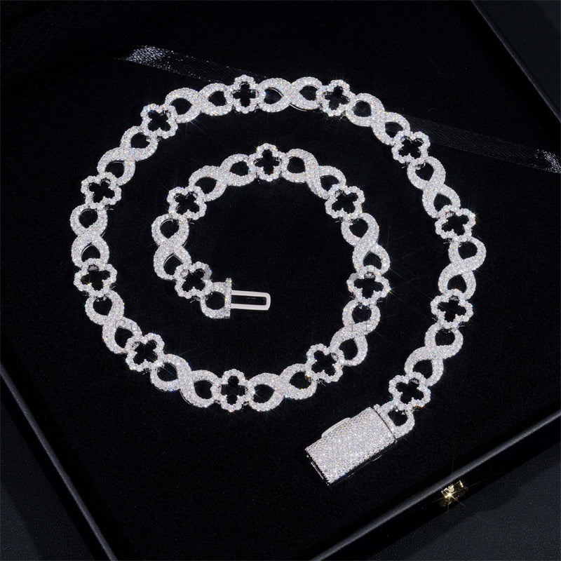 Solid Silver 13MM Clover Infinity Link Moissanite Iced Out Chain Necklace Pass Diamond Tester