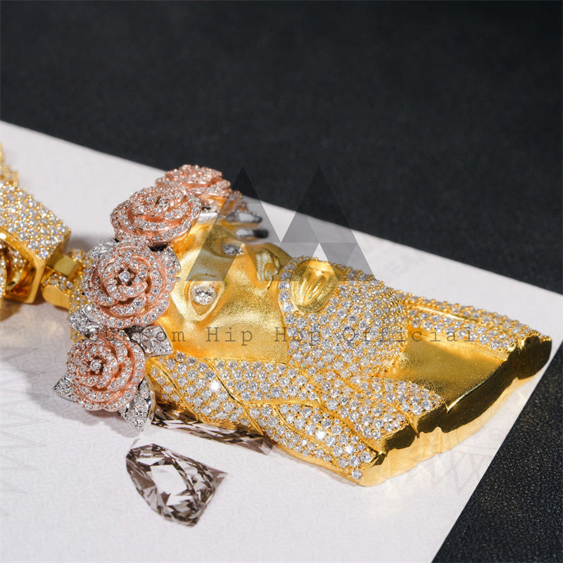 Iced Out VVS Moissanite Diamond Rose Crown Jesus Pingente com corrente cubana de 13 mm