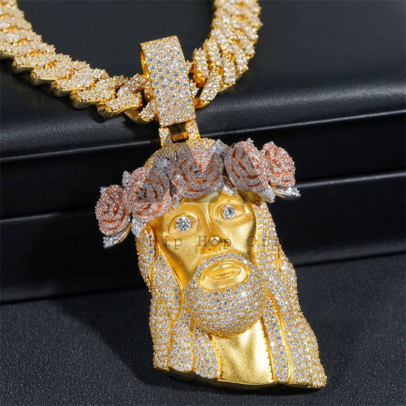 Iced Out VVS Moissanite Diamond Rose Crown Jesus Pendant with 13MM Cuban Link Chain Hip Hop Jewelry0