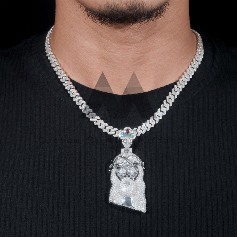 Pass Diamond Tester Moissanite Diamond Silver 925 Men Necklace 2.5Inch Jesus Pendant With 10MM Cuban Link Chain