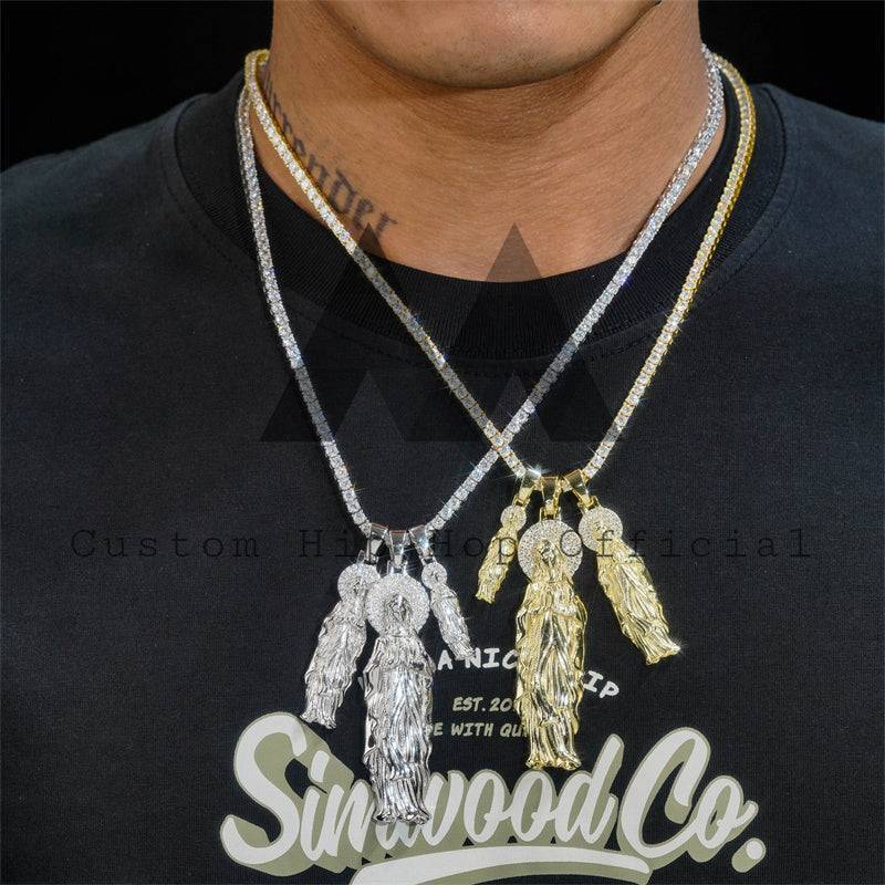 Hip hop jewelry featuring three different sizes of Moissanite Jesus pendants iced out in 925 silver for men0