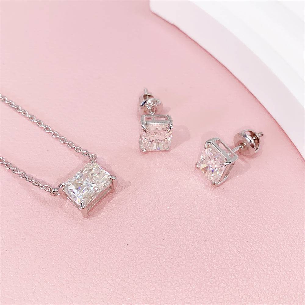 White Gold 925 Sterling Silver Pass Diamond Tester Women Jewelry Radiant Cut Moissanite Necklace Earrings Set