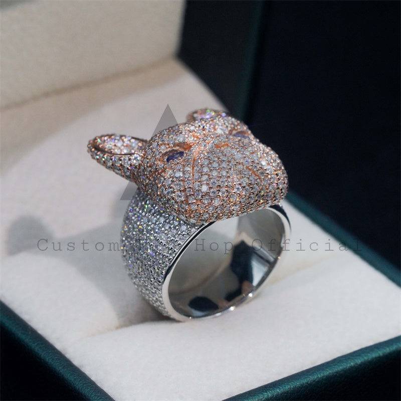 Custom Made Sterling Silver 925 3D Fully Iced Dog Head Moissanite Diamond Ring