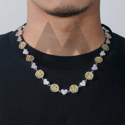 Funny Deisgn Smily Face Iced Out Color Moissanite Tennis Link Chain With Heart Charm For Men