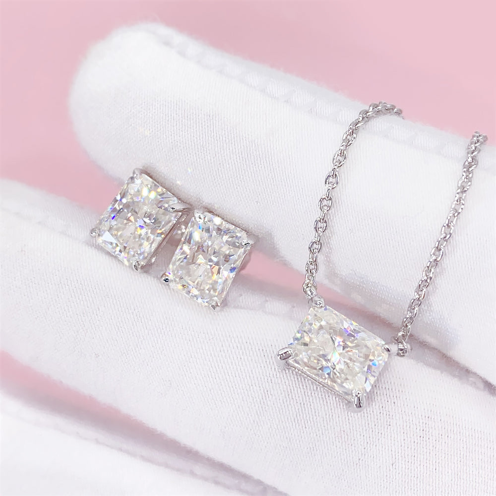 Ouro branco 925 prata esterlina passagem diamante tester feminino jóias corte radiante moissanite colar brincos conjunto