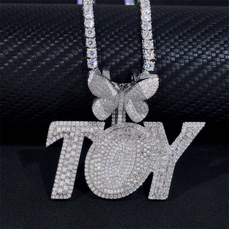 Silver Moissanite Buss Down 2inch Width Custom Name TOY with Butterfly Bail  Fit For 4MM Tennis Chain