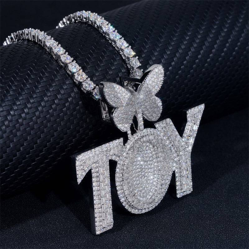 Silver Moissanite Buss Down 2inch Width Custom Name TOY with Butterfly Bail  Fit For 4MM Tennis Chain