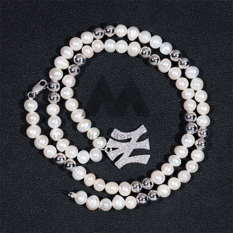 Stylish New Arrival Silver 925 8MM Fresh Water Pearl Moissanite Disc Ball Chain Necklace With Custom Charm