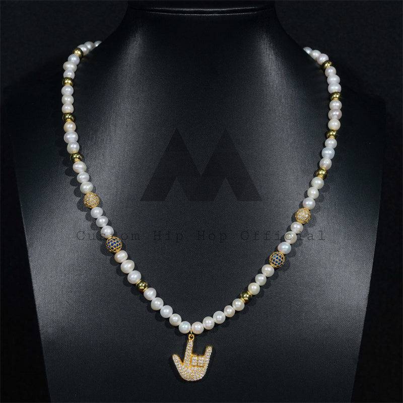 Moissanite Diamond 925 Silver Gold Plated Victory Charm Pearl Iced Out Disc Ball Pearl Chain Necklace