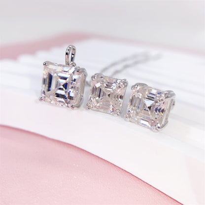 925 Sterling Silver Asscher Cut VVS Moissanite Necklace With Earrings Set For Women