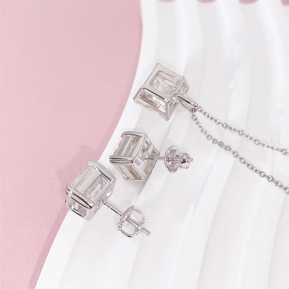 925 Sterling Silver Asscher Cut VVS Moissanite Necklace With Earrings Set For Women