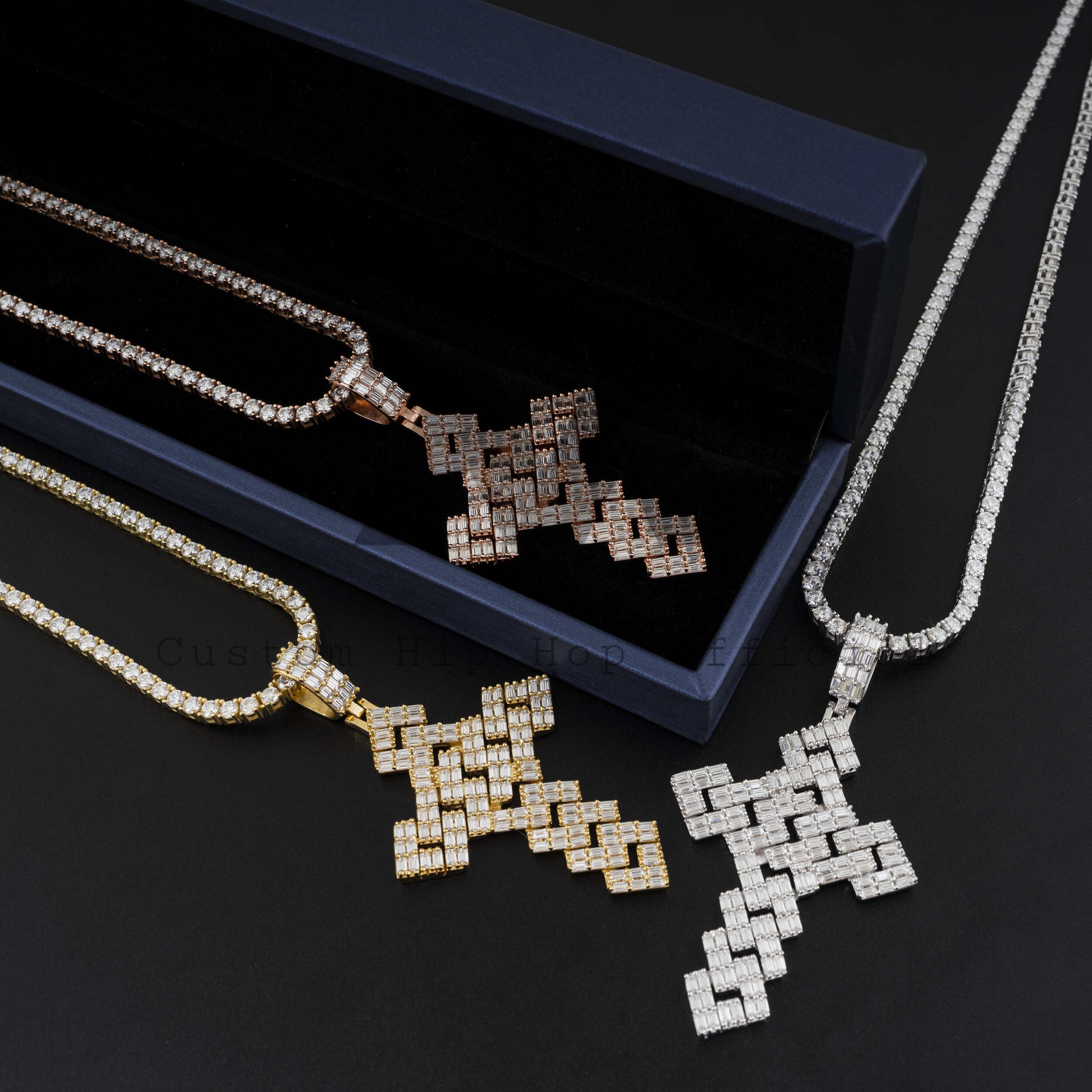 Hip hop jewelry featuring a baguette cut VVS moissanite cross pendant fit for 4MM tennis chain for men's fashion design1