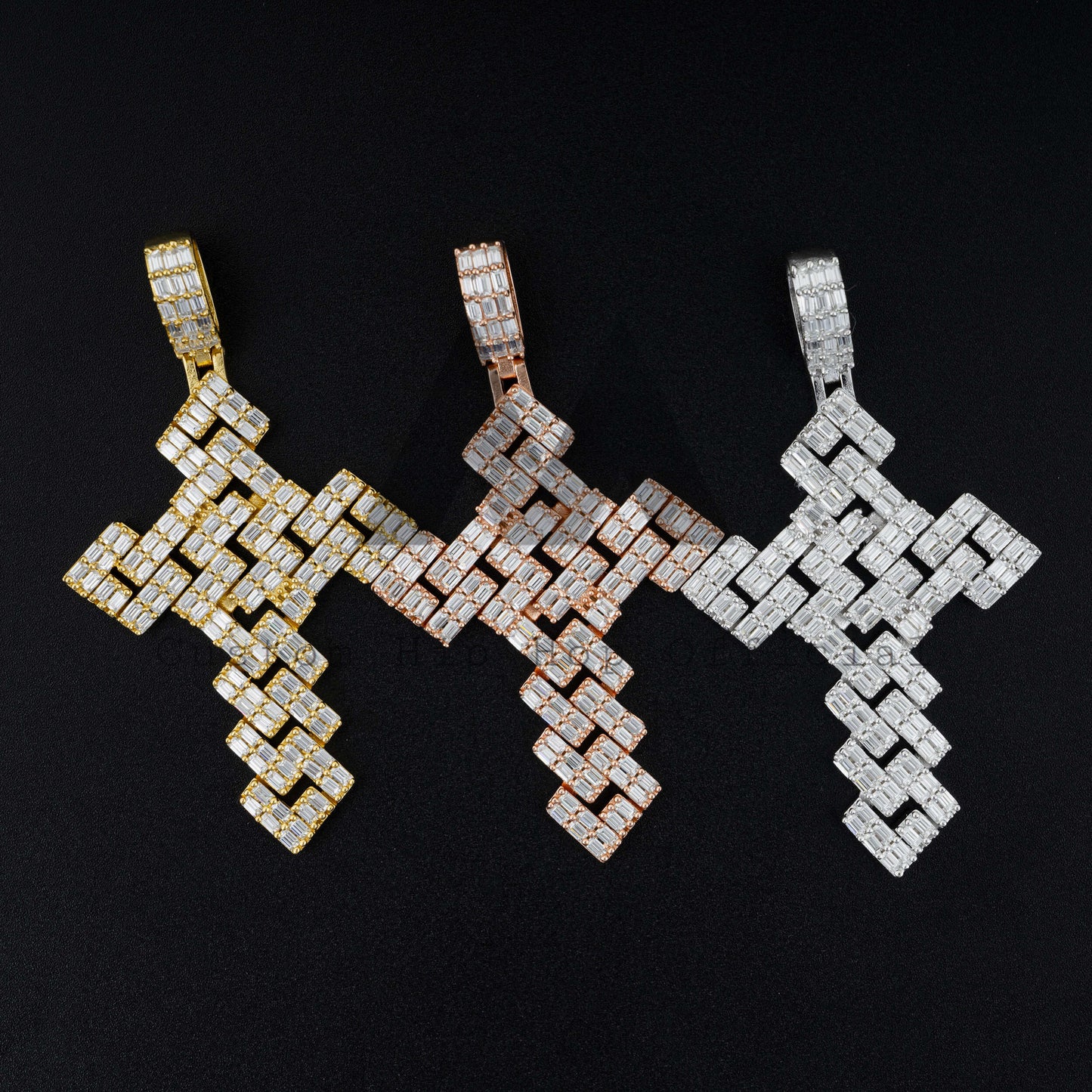 Hip hop jewelry featuring a baguette cut VVS moissanite cross pendant fit for 4MM tennis chain for men's fashion design2