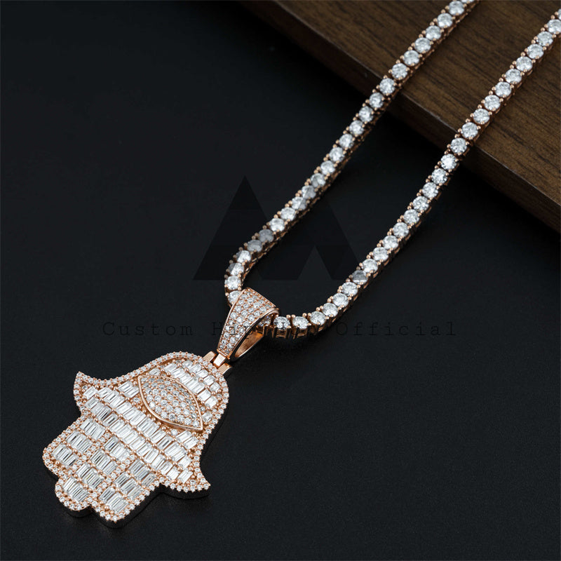 925 Silver Hip Hop Jewelry featuring Baguette Moissanite Iced Out Hamsa Pendant for Men5