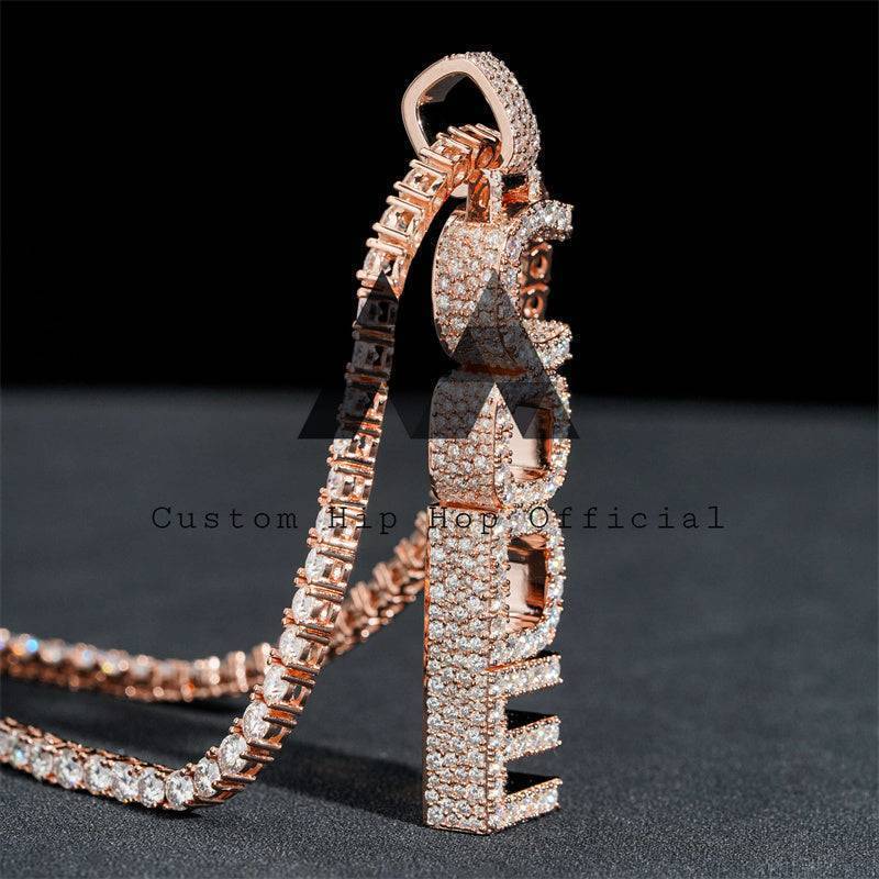 Rose Gold 2.5 inch Tall Custom Moissanite Name Pendant with Mosaic Setting in Hip Hop Jewelry Style2