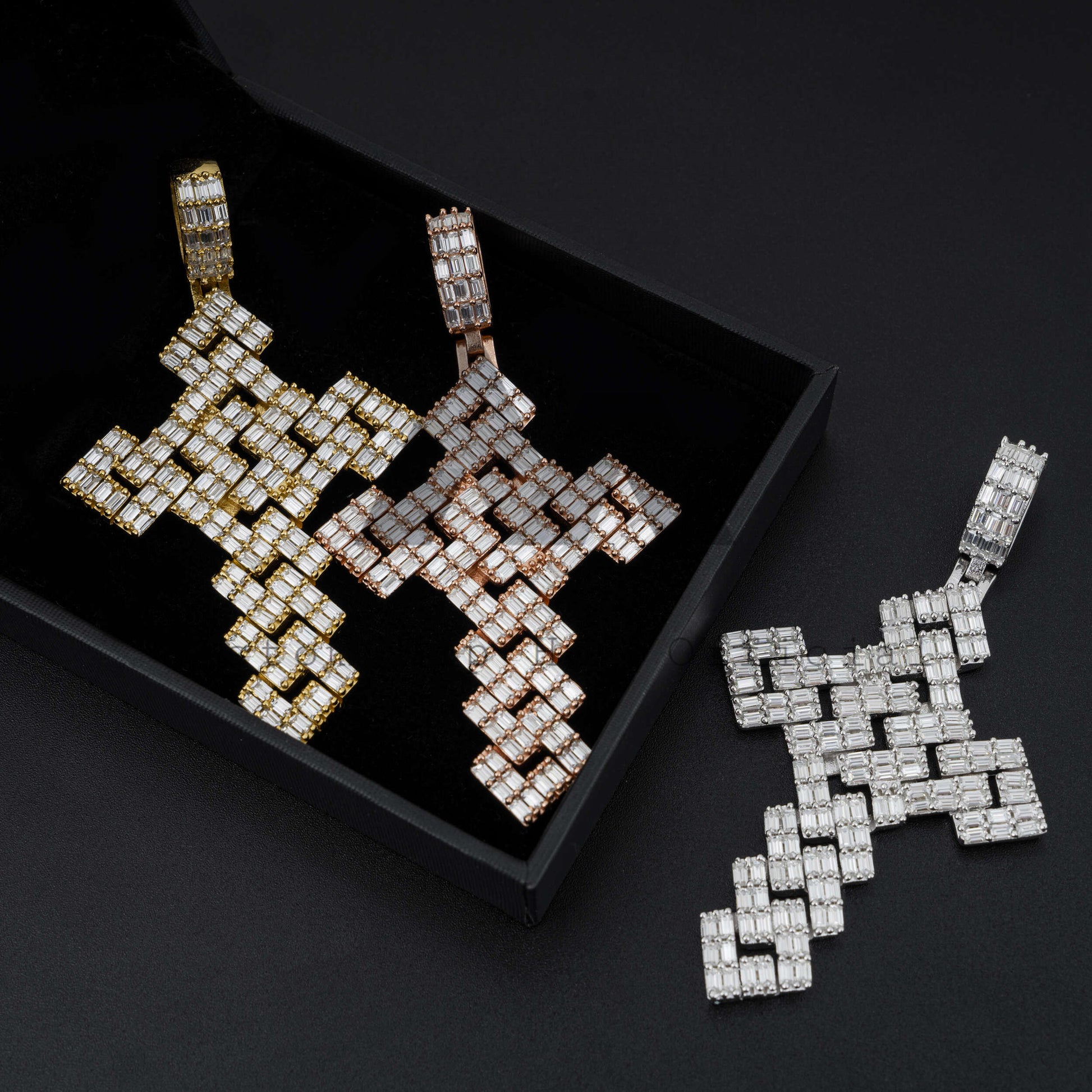 Hip hop jewelry featuring a baguette cut VVS moissanite cross pendant fit for 4MM tennis chain for men's fashion design0