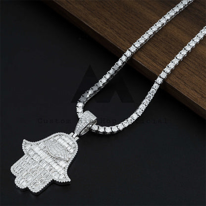 925 Silver Hip Hop Jewelry featuring Baguette Moissanite Iced Out Hamsa Pendant for Men3