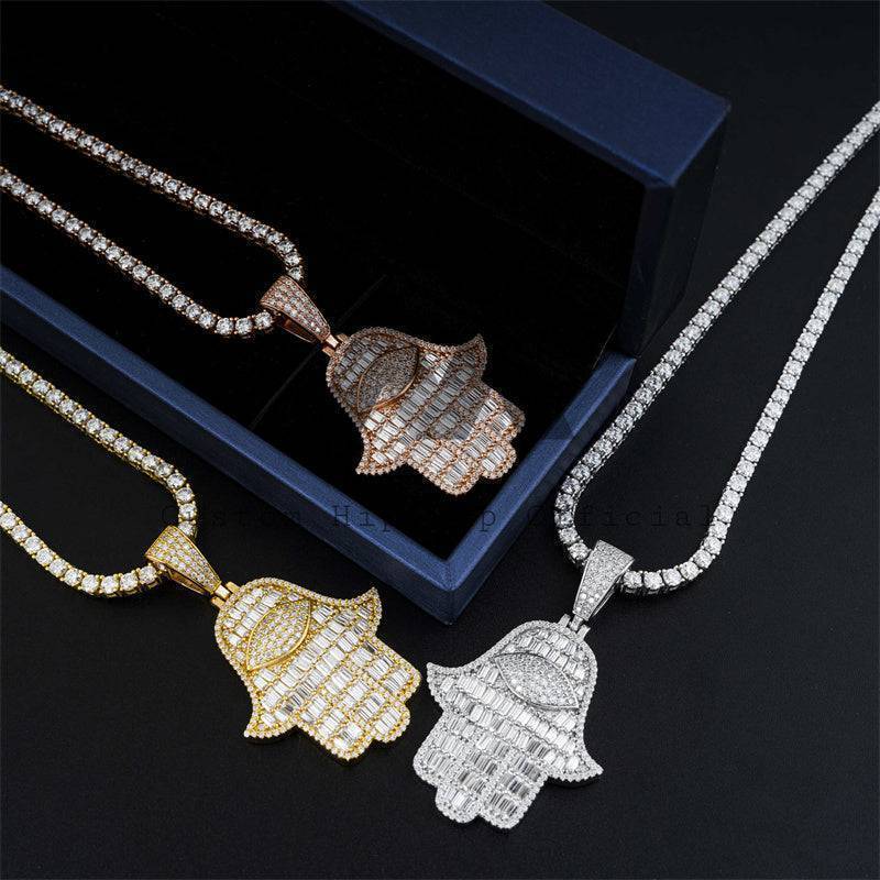 925 Silver Hip Hop Jewelry featuring Baguette Moissanite Iced Out Hamsa Pendant for Men4