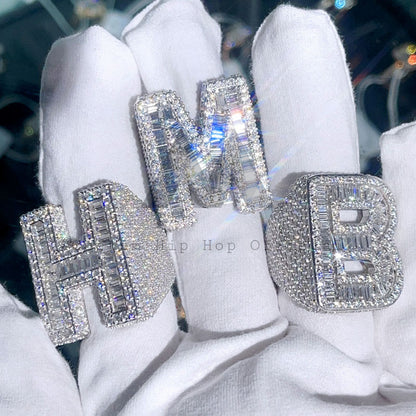 Custom 925 Sterling Silver VVS Moissanite Initial Ring With Baguette Diamonds