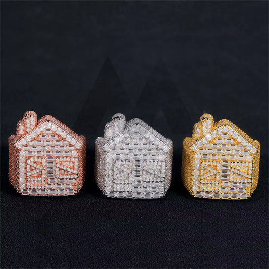 Stylish New Arrival Hip Hop VVS Baguette Cut Design Iced Out Moissanite Diamond House Ring