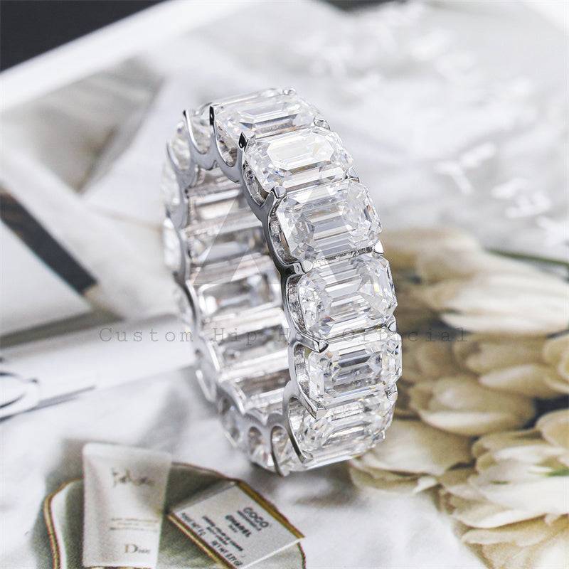 Elegant emerald cut moissanite eternity ring with 360-degree iced 3-5mm band hip hop jewelry3