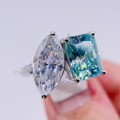 Кольцо с двумя камнями, белое сочетание Тиффани, синего цвета, VVS, кольцо с муассанитом и драгоценным камнем для женщин