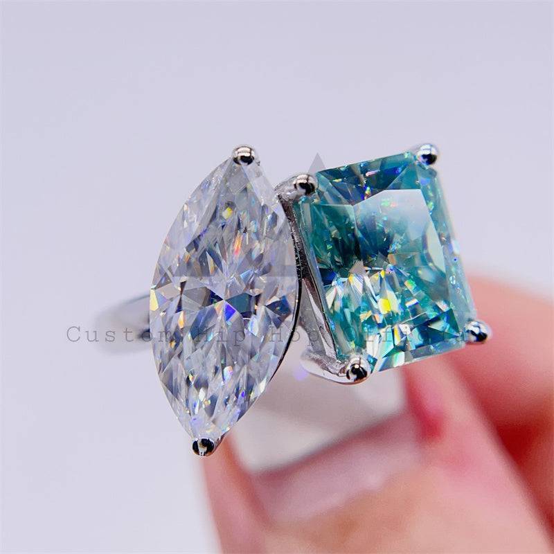 Hip hop jewelry featuring Two Stone Design with White and Tiffany Blue Color VVS Moissanite Gemstone Ring for Women2