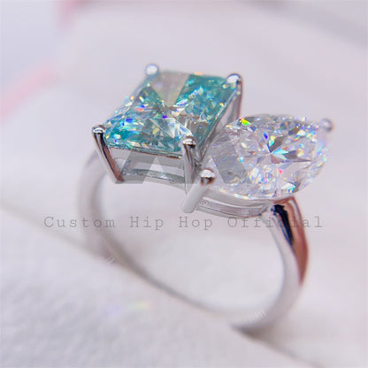 Two Stone Design White Mix Tiffany Blue Color VVS Moissanite Gemstone Ring For Women
