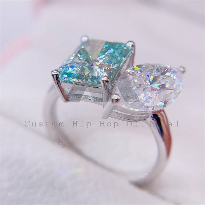 Hip hop jewelry featuring Two Stone Design with White and Tiffany Blue Color VVS Moissanite Gemstone Ring for Women1