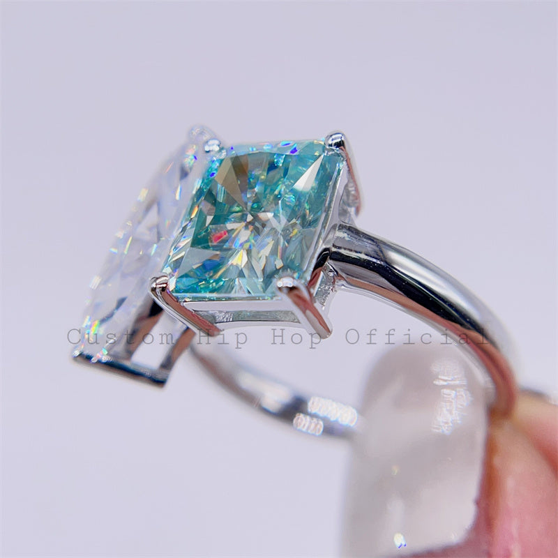 Two Stone Design White Mix Tiffany Blue Color VVS Moissanite Gemstone Ring For Women