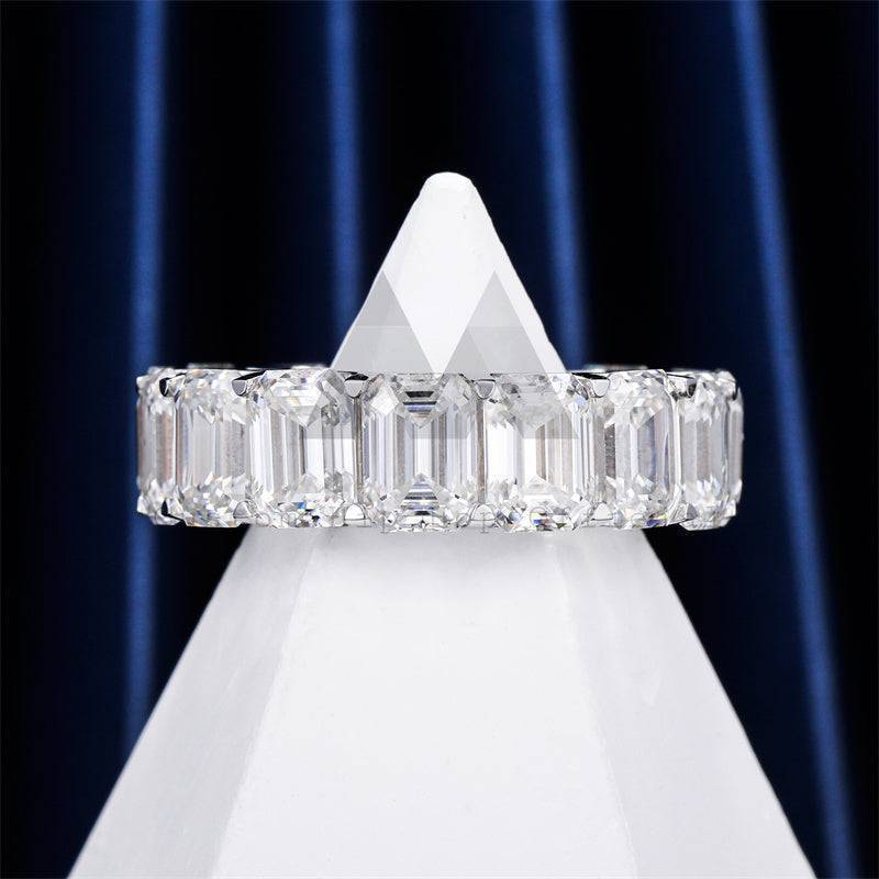 Elegant emerald cut moissanite eternity ring with 360-degree iced 3-5mm band hip hop jewelry6