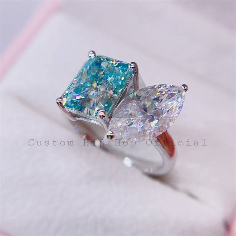 Hip hop jewelry featuring Two Stone Design with White and Tiffany Blue Color VVS Moissanite Gemstone Ring for Women0