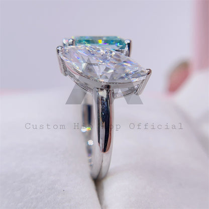 Anel de pedras preciosas VVS Moissanite com mistura branca com design de duas pedras e cor azul Tiffany para mulheres