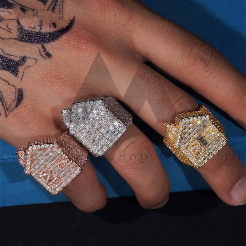 Stylish New Arrival Hip Hop VVS Baguette Cut Design Iced Out Moissanite Diamond House Ring