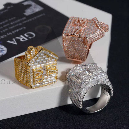 Stylish New Arrival Hip Hop VVS Baguette Cut Design Iced Out Moissanite Diamond House Ring