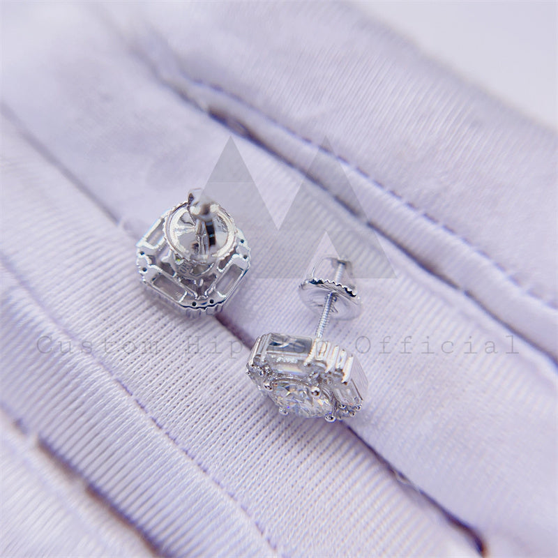 Hip hop jewelry with 9MM VVS Moissanite, diamond tester approved, baguette and round moissanite studs0